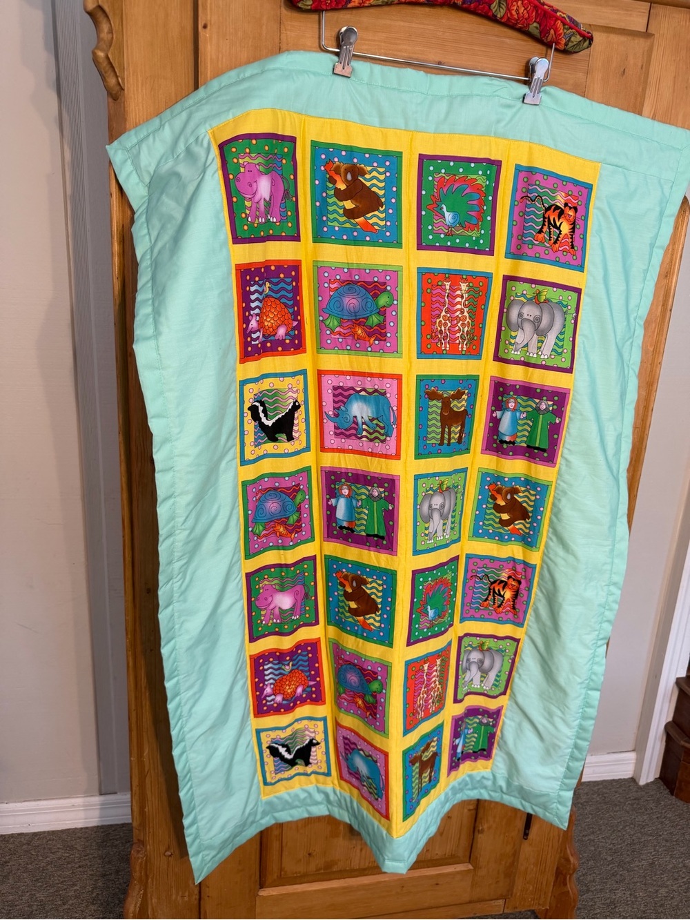 Mint Green Noah’s Ark Themed Handmade Baby Quilt — One of a Kind!!!
